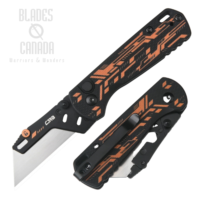 CJRB Boxer Button Lock Folding Knife, Replacable Blade, G10 Orange/Black, J1967-BBK