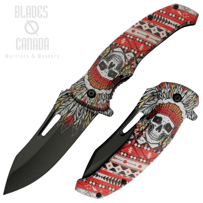 CNM Flipper Folding Knife, Assisted Opening, Stainless Black, Skull/Feather Handle Design, CN300575RD