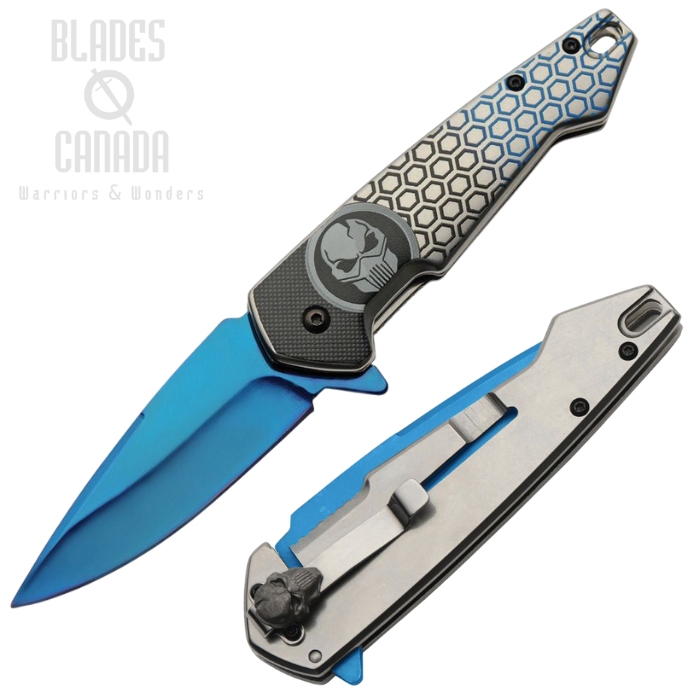 China Made Predator Flipper Framelock Knife, Assisted Opening, Staniless Blue Ti, CN300578BL