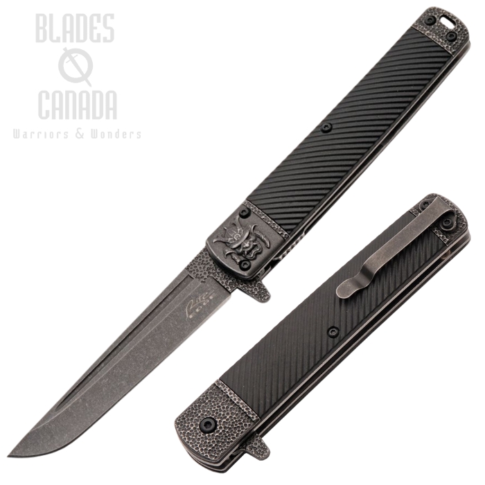 CNM Samurai Flipper Folding Knife, Stainless Black SW, Fiberglass Black Handle, CN300613