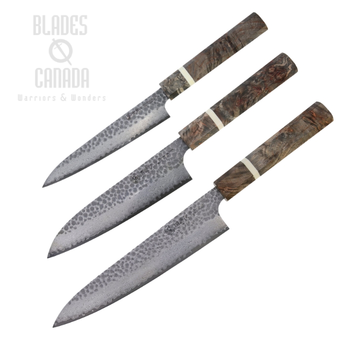 Cold Steel Japanese Kitchen Knives 3 Piece Set, VG-10 Damascus, Burlwood Handle, CS-59KSET-3PK (image for) Cold Steel Japanese Kitchen Knives 3 Piece Set, VG-10 Damascus, Burlwood Handle, CS-59KSET-3PK