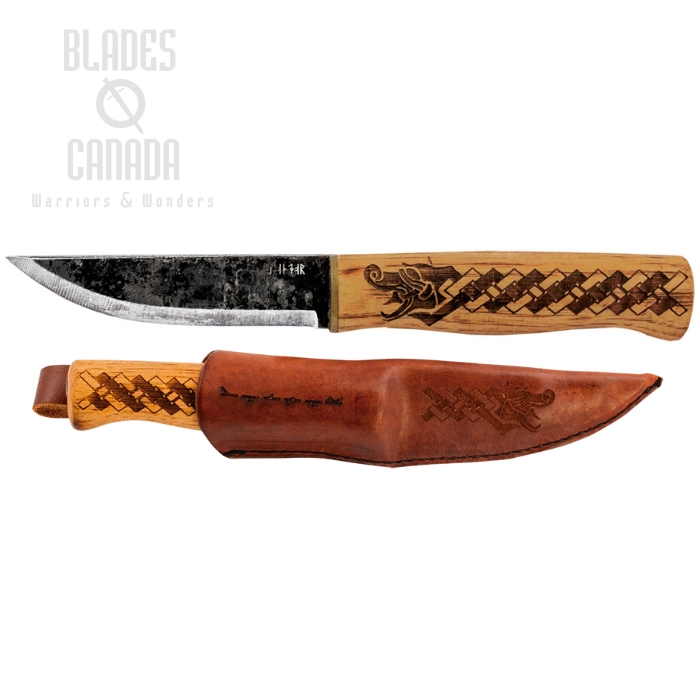 Condor Norse Dragon Fixed Blade Knife, 1095 Carbon, Hickory Wood, Leather Sheath, CTK1021-3.8HC
