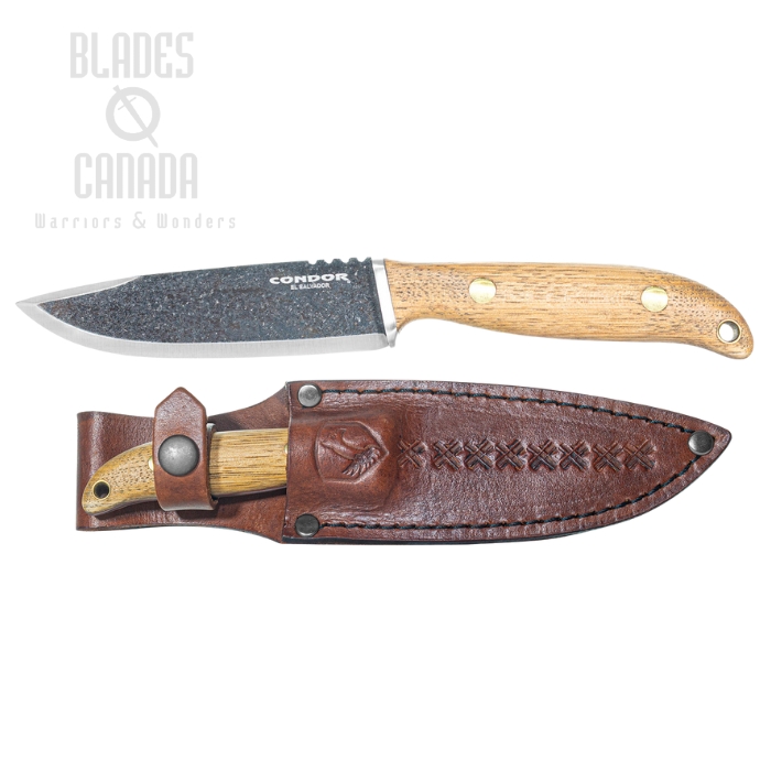 Condor Austral Fixed Blade Knife, 1095 Carbon, Hickory Wood, Leather Sheath, CTK3962-4.6-HC