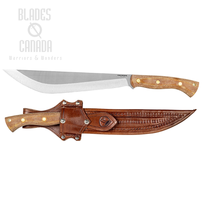 Condor Hmong Machete Knife, 1075 Carbon Satin, Micarta Brown, Leather Sheath, CTK3982-11.5HC