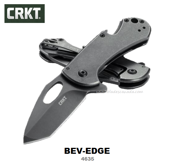CRKT Bev-Edge Flipper Framelock Folding Knife, Stainless Black, Bottle Opener, CRKT4635