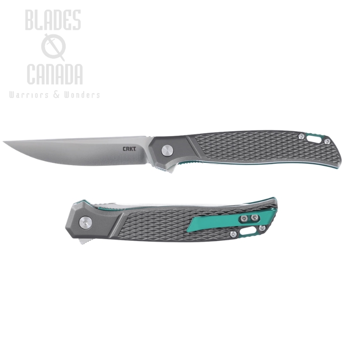 (image for) CRKT Scar Flipper Folding Knife, D2 Satin, Aluminum Grey Textured/Green Accents, K440XXP