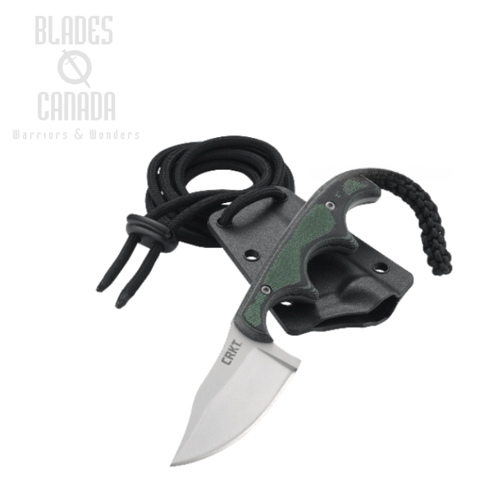 CRKT Minimalist Bowie Fixed Blade Neck Knife, Micarta Green/Black, Zytel Sheath, 2387