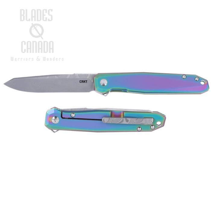 (image for) CRKT Facet Flipper Frame Lock Knife, Damascus Acid, Titanium Rainbow, K231TDP