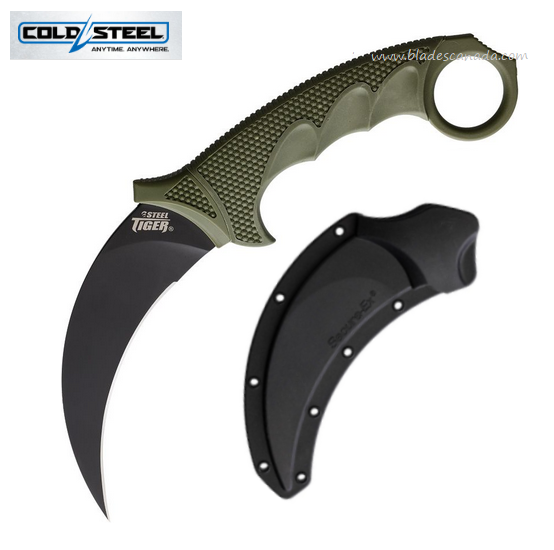 Cold Steel Tiger Karambit Fixed Blade Knife, AUS 8A Black, OD Handle, 49KSTODBK