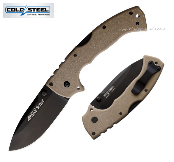 Cold Steel 4-Max Scout Folding Knife, AUS 10A Black, Desert Tan Handle, 62RQDTBK