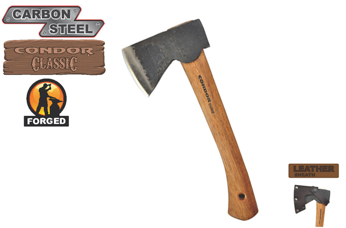 Condor Scout Hatchet Axe, 1060 Carbon, Hickory, Leather Sheath, CTK4053C10 - Click Image to Close