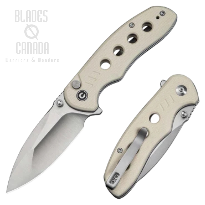 CIVIVI Triptych Flipper Button Lock Folding Knife, 14C28N Satin, G10 Ivory, C23085B-2