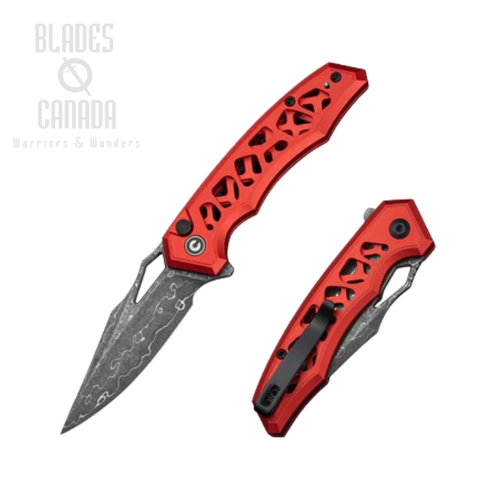 CIVIVI Anaaki Flipper Button Lock Knife, Damascus, Aluminum Red, C24039-DS1