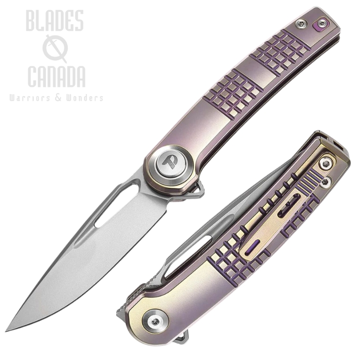 (image for) DreamTech Pivot Button Lock Folding Knife, M390 Satin, Titanium Purple Frag, D4129TP