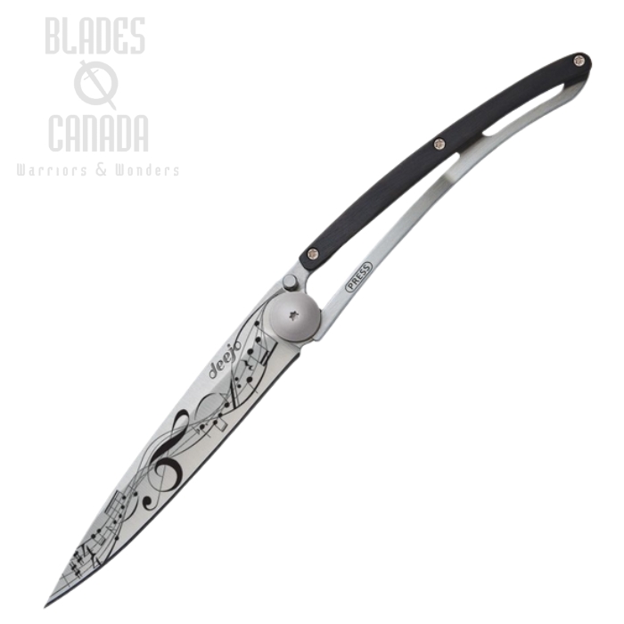 Deejo Tattoo 37g Titan Music Folding Knife, Stainless, Ebony Wood, DEE1CB058