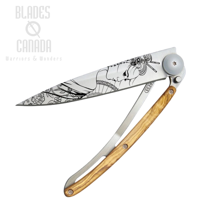 Deejo Tattoo 37g Geisha Folding Knife, Stainless, Olive Wood, DEE1CB066