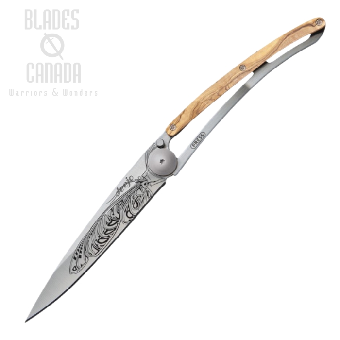 Deejo Tattoo 37g Butterfly Folding Knife, Stainless, Olive Handle, DEE1CB077
