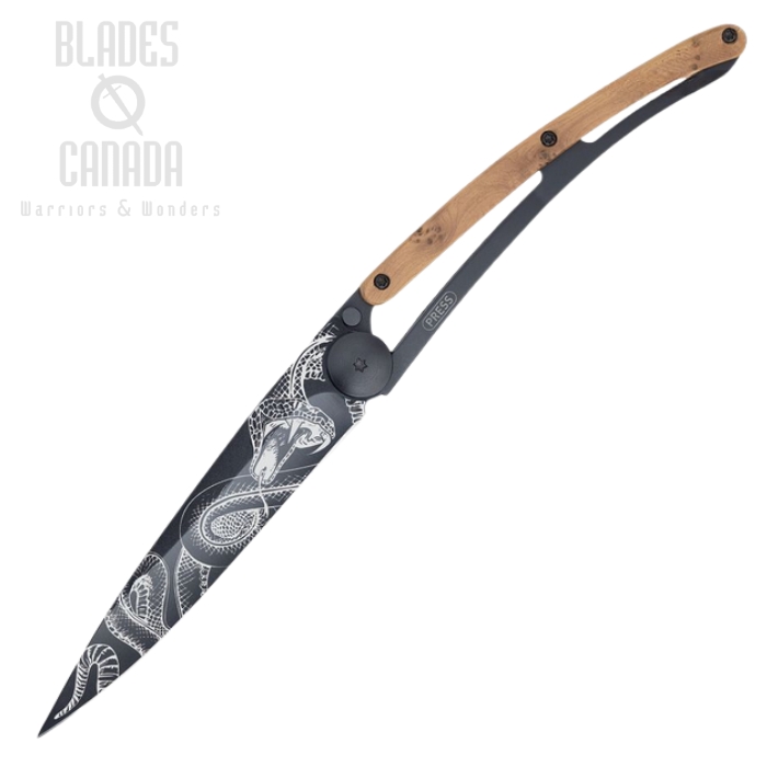 Deejo Tattoo 37g Snake Folding Knife, Stainless Black, Juniper Wood, DEE1GB127 Deejo Tattoo 37g Snake Folding Knife, Stainless Black, Juniper Wood, DEE1GB127