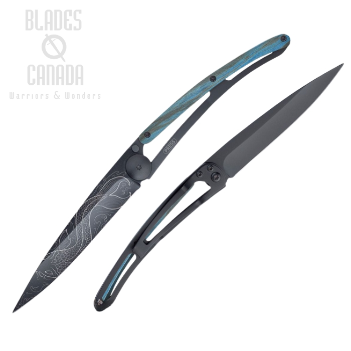 Deejo Tattoo 37g Fish Folding Knife, Stainless Black, Blue Beech Wood, DEE1GB145 Deejo Tattoo 37g Fish Folding Knife, Stainless Black, Blue Beech Wood, DEE1GB145