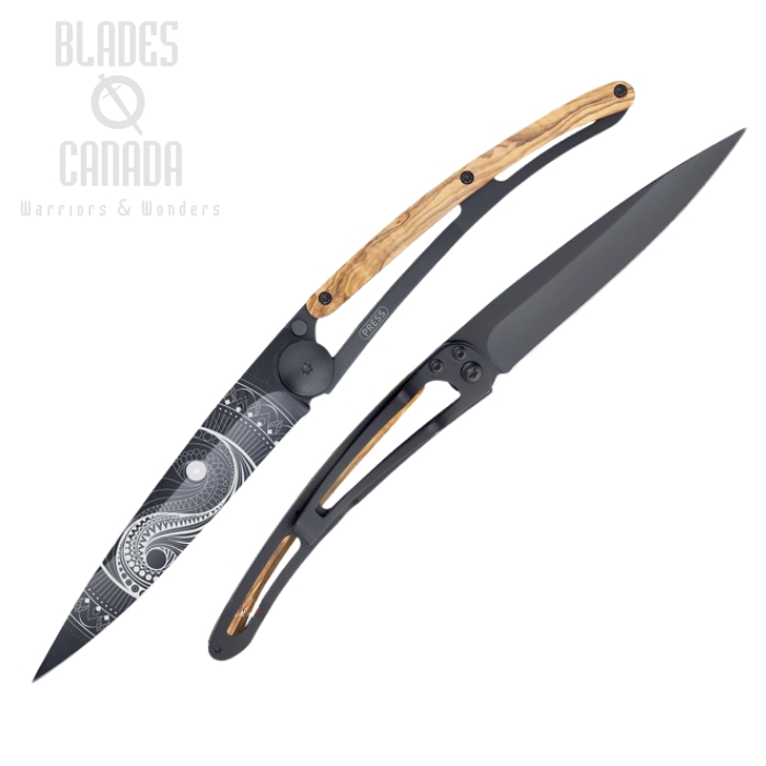 Deejo Tattoo 37g YinYang Folding Knife, Stainless Black, Olive Wood, DEE1GB149