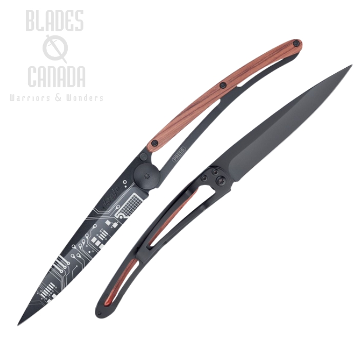Deejo Tattoo 37g Curcuit Folding Knife, Stainless Black, Coralwood, DEE1GB150