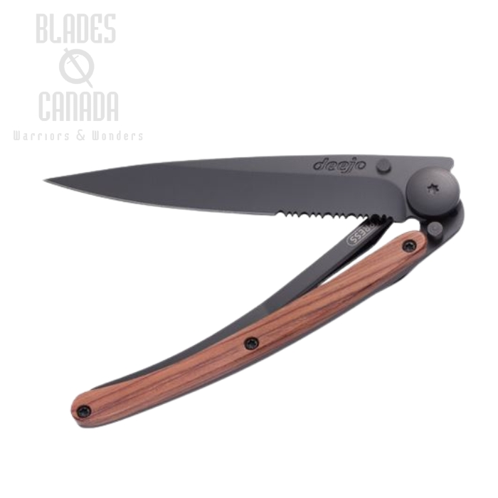 Deejo One Hand Black Serrated, Coralwood - 37 gram Deejo One Hand Black Serrated, Coralwood - 37 gram