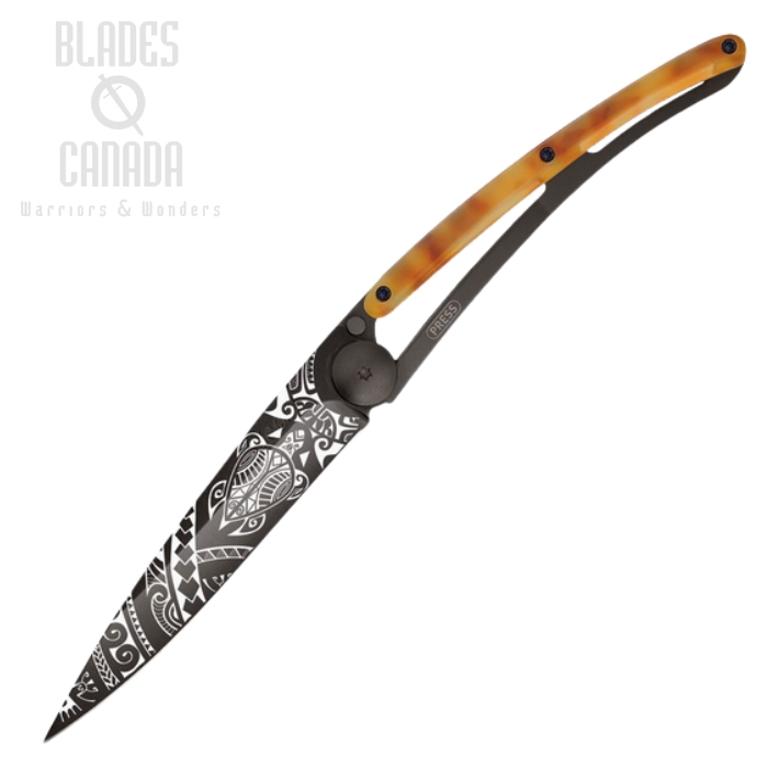 Deejo Tattoo 37g Poly Folding Knife, Stainless Black, Imitation Tortoise Shell, DEE1GC206