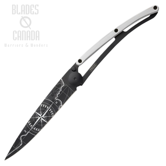 Deejo Tattoo 37g Terra Incognito Folding Knife, Stainless Black, White Gold Gilded Zamac, DEE1GM023