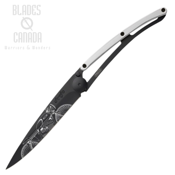 Deejo Tattoo 37g Racer Folding Knife, Stainless Black, White Gold Gilded Zamac, DEE1GM024
