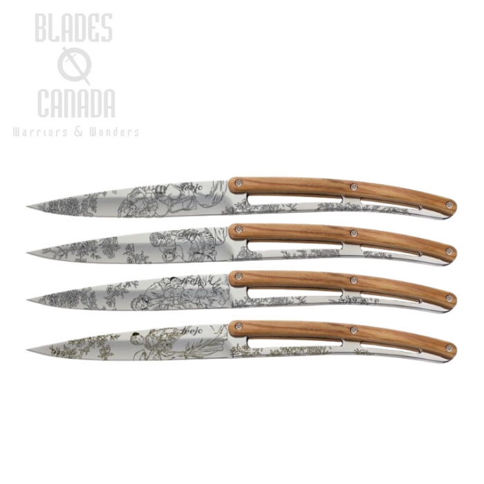 Deejo Steak Knives, Set of Four, Toile De Jouy Blade, Olive Wood, DEE4AB011 Deejo Steak Knives, Set of Four, Toile De Jouy Blade, Olive Wood, DEE4AB011