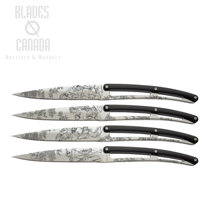 Deejo Steak Bistro Knives, Set of Four, 420 Serrated, ABS Black, DEE4AP011