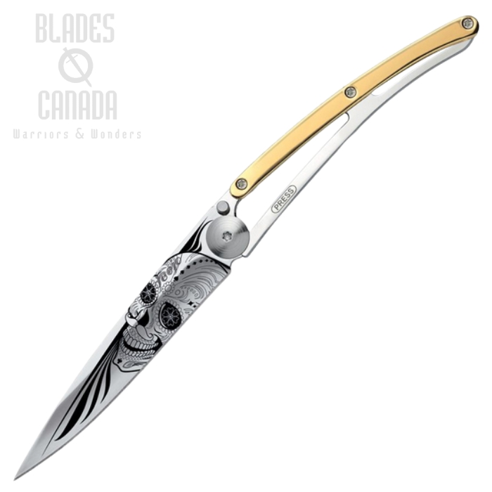 Deejo Tattoo 27g Skull Folding Knife, Stainless, Gold Gilded Zamac, DEE9AM021