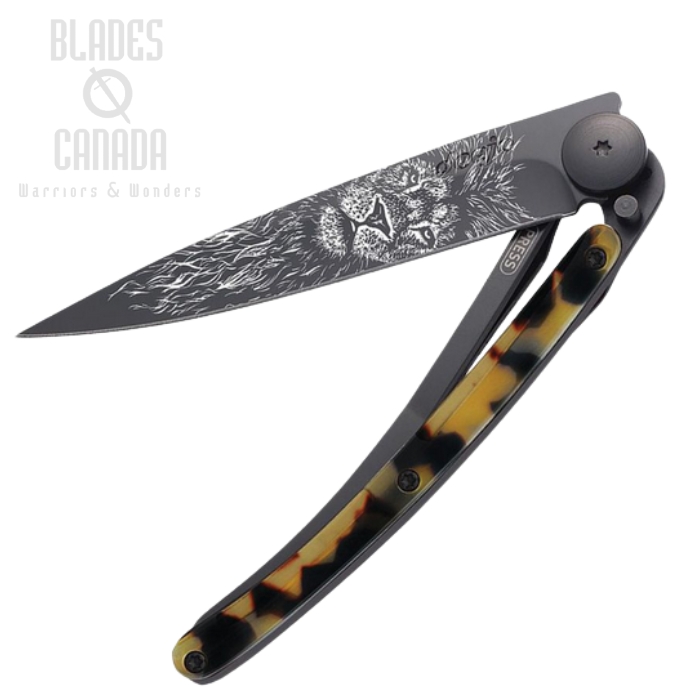 Deejo Tattoo 27g Lion Folding Knife, Stainless Black, Imitation Tortoise Shell, DEE9GC202 Deejo Tattoo 27g Lion Folding Knife, Stainless Black, Imitation Tortoise Shell, DEE9GC202