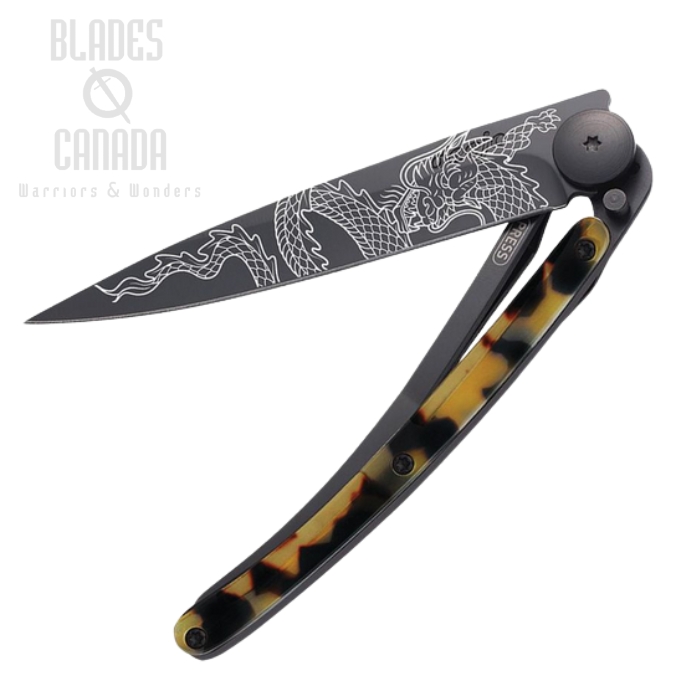 Deejo Tattoo 27g Dragon Folding Knife, Stainless Black, Imitation Tortoise Shell, DEE9GC203 Deejo Tattoo 27g Dragon Folding Knife, Stainless Black, Imitation Tortoise Shell, DEE9GC203
