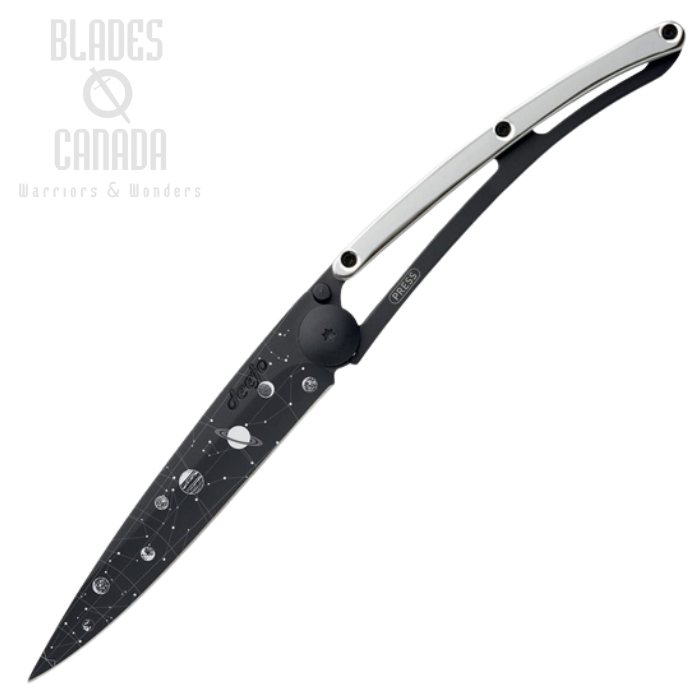 Deejo Tattoo 27g Astro Folding Knife, Stainless Black, White Gold Gilded Zamac, DEE9GM022 Deejo Tattoo 27g Astro Folding Knife, Stainless Black, White Gold Gilded Zamac, DEE9GM022