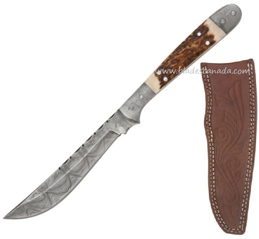 Damascus 1024 Navaja Hunter Fixed Blade Knife, Stag Handle, Leather Sheath, DM1024