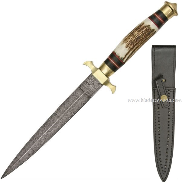 Damascus 1031 Commando Dagger Fixed Blade Knife, Stag Handle, Leather Sheath