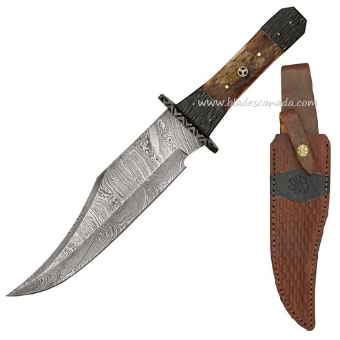 Damascus 1049 Bowie Fixed Blade Knife,Tri Circle Bone Handle, Leather Sheath, DM1049