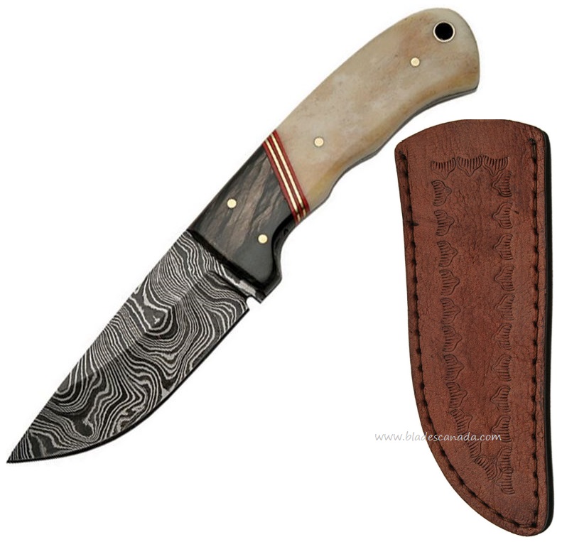 Damascus 1068 Fixed Blade Skinner Knife, Bone Handle, Leather Sheath