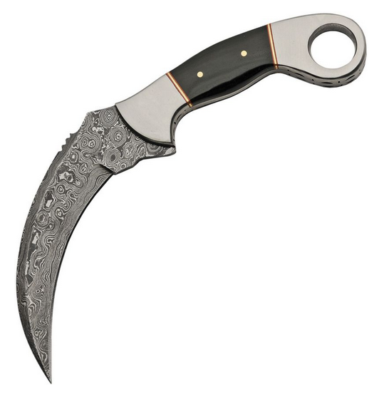 Damascus Fixed Blade Karambit Knife, Horn Handle, Leather Sheath, DM1177