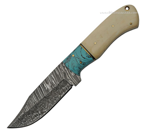 Damascus Hunter Fixed Blade Knife, Damascus Steel, Bone/Turquoise Handle, Leather Sheath, DM1275