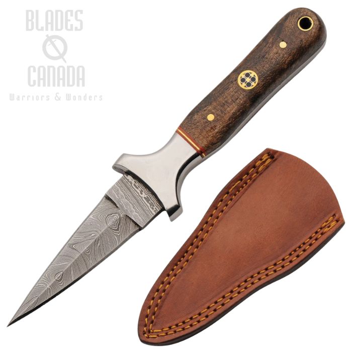 (image for) Damascus Mosaic Fixed Blade Boot Knife, Damascus Double Edge, Wood Handle, Leather Sheath, DM1423