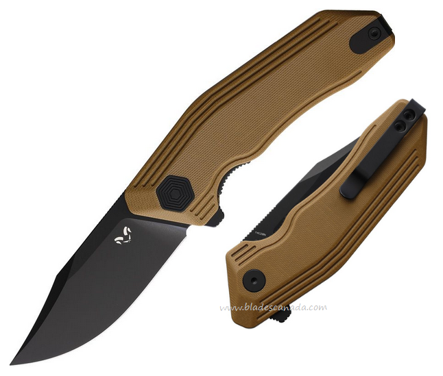 Damned Designs Cerebrus Flipper Folding Knife, 14C28N Black, G10 Tan, DMN005GT2