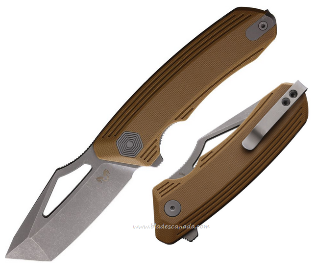 Damned Designs Banshee Flipper Folding Knife, N690 SW, G10 Tan, DMN003GT