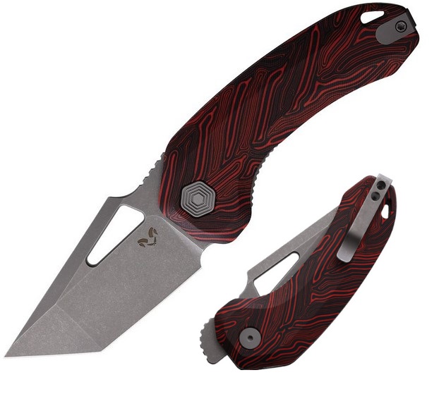 Damned Designs Oni XL Flipper Folding Knife, 14C28N SW, Damascus G10 Black/Red, DMN014XLBKRD