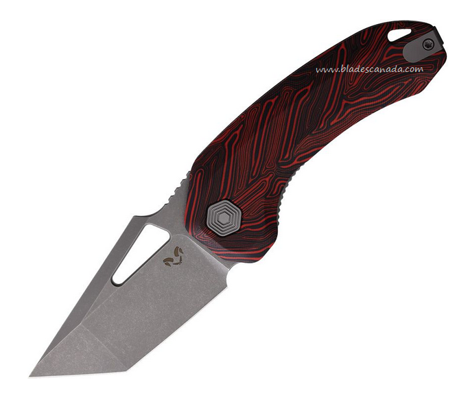 Damned Designs Oni XL Flipper Folding Knife, 14C28N SW, Damascus G10 Black/Red, DMN014XLBKRD