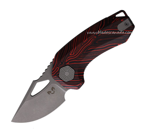 Damned Designs Djinn Flipper Folding Knife, 14C28N SW, Damascus G10 Red/Black, DMN015BKRD