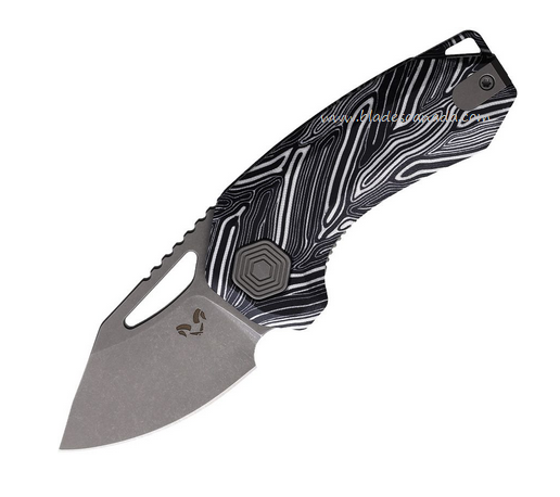 Damned Designs Anzu Flipper Folding Knife, 14C28N SW, Damascus G10 White/Black, DMN016BKWT
