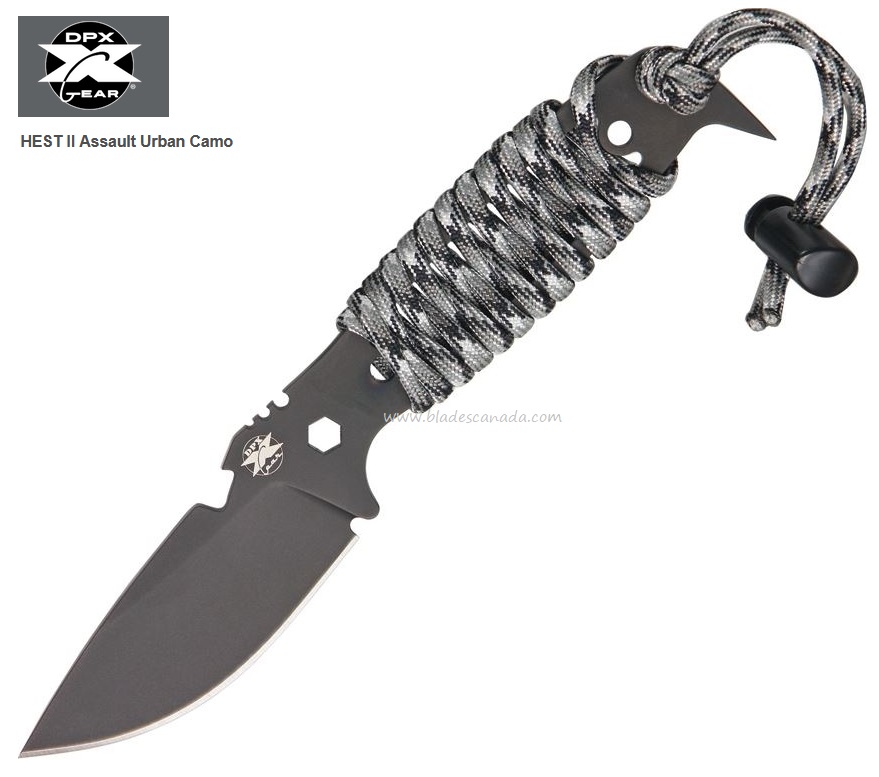 DPX Hest II Assault Fixed Blade Knife, Niolox Steel, Urban Camo Paracord, Cordura Sheath, DPXHSX025