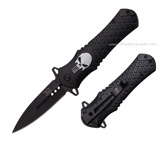 Dark Side Silver Skull Flipper Folding Knife, Steel Black, Aluminum Black, DSA014BK